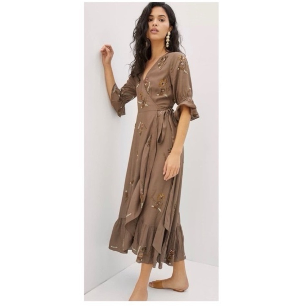 Anthropologie x Let Me Be Beaded Wrap Maxi Dress